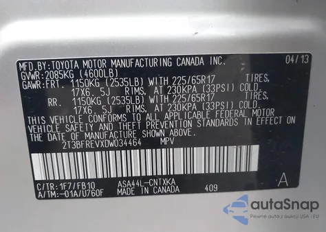 2013 Toyota Rav4 Le z USA, uszkodzony, nr VIN 2T3BFREVXDW034464